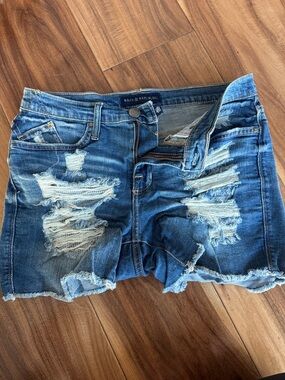 Rock & Republic Ripped Blue Denim Shorts with Striped Underlay